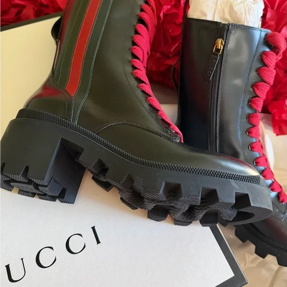 Gucci Women's Magnum Calf Web Black Boots with Red Laces. - Picture 6 of 10